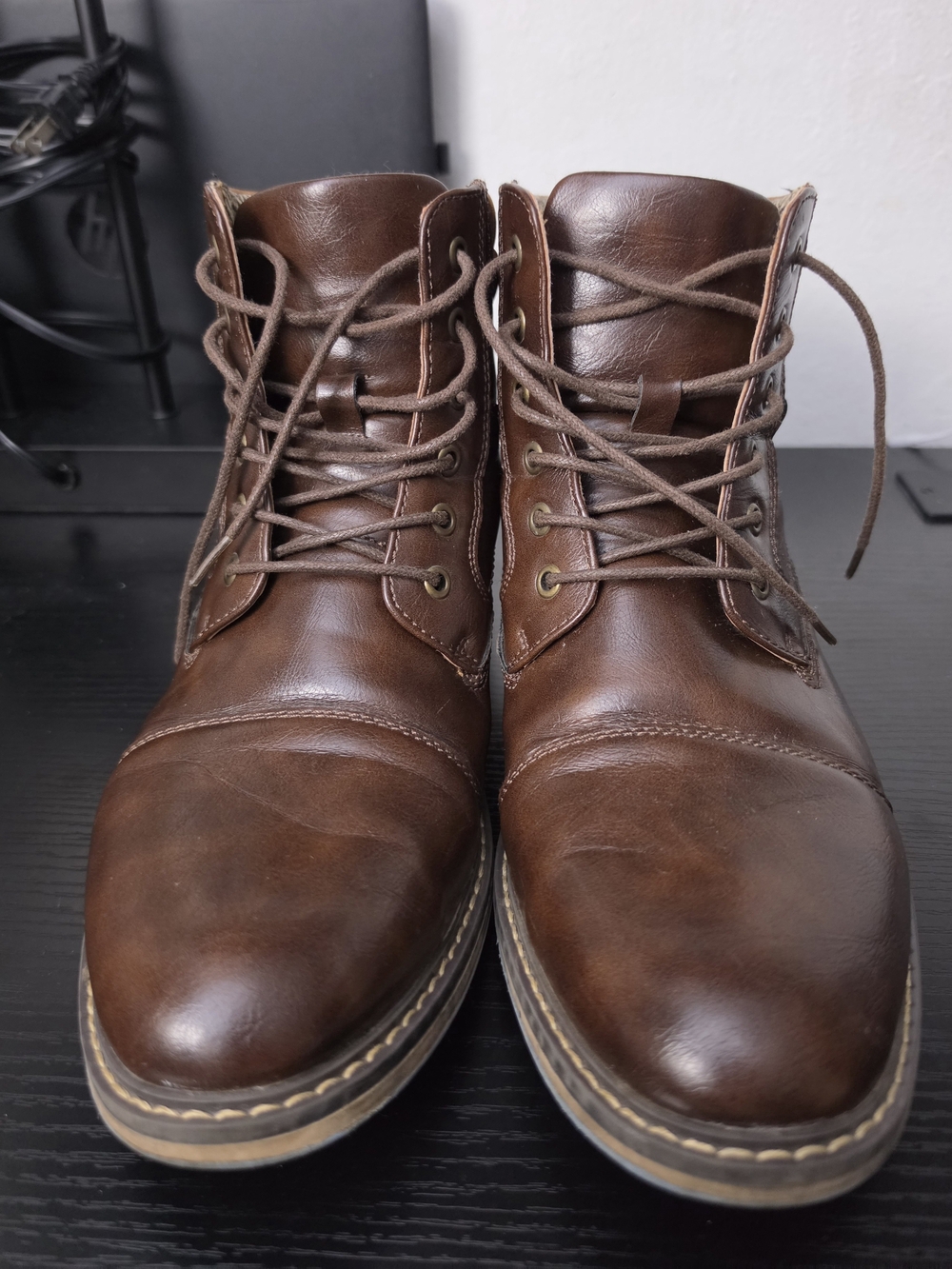 Brown Leather-Look & Suede-Style Vintage Lace-Up Cap Toe Ankle Boots